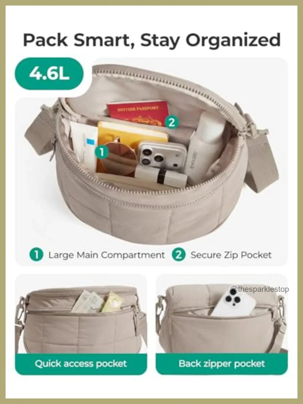 Quilted Nylon Puffer Crossbody Bag with Detachable Pouch, Adjustable Strap